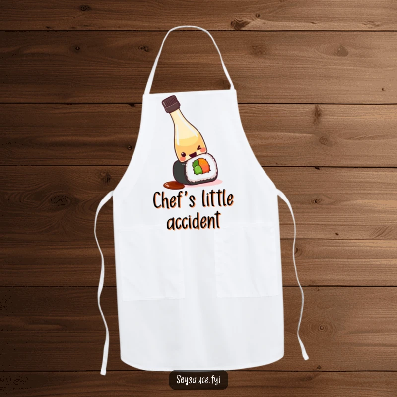 Funny kawaii soy sauce bottle tipping over playfully onto a sushi roll, adding a humorous touch to kitchen attire while cooking.