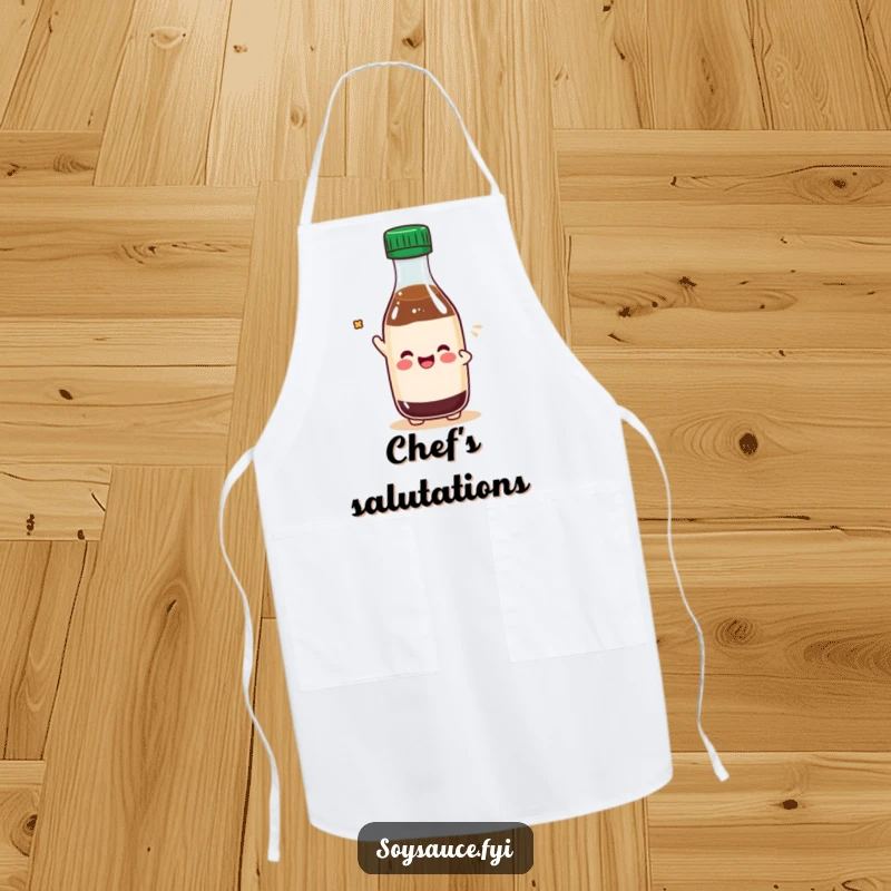 Funny Kawaii soy sauce bottle character tipping its cap playfully, perfect for a humorous and stylish apron.