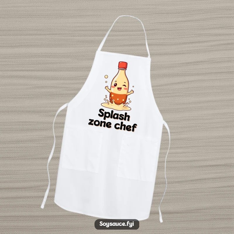 Funny apron showcasing a grinning soy sauce bottle character playfully splashing its liquid, perfect for cooks who enjoy a humorous cooking experience.