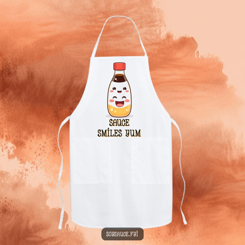 Funny Kawaii soy sauce bottle character with a huge, happy grin, ready for kitchen duty on an apron.