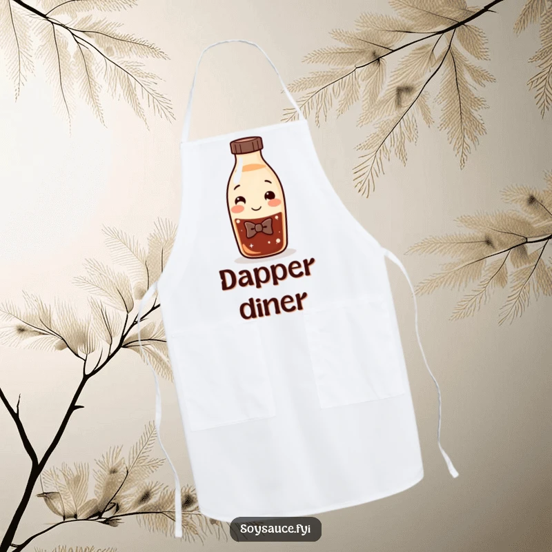 Funny Soy Sauce Apron showing a smiling bottle character in a bow tie, ready to add humor to any cooking or baking session.