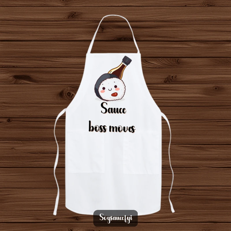 Funny chef apron with a soy sauce bottle hiding behind sushi, ideal for cooking with a humorous and protective style.