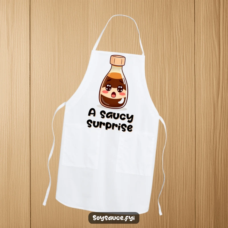 Funny Apron: A kitchen apron adorned with a comically surprised soy sauce bottle, ready for cooking with sass.