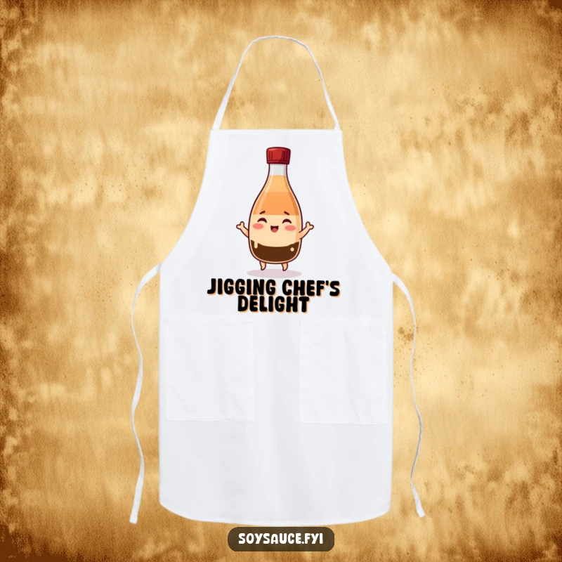 Funny Kawaii soy sauce bottle apron, winking and jigging with cheer, adding a fun and dynamic element to kitchenwear.