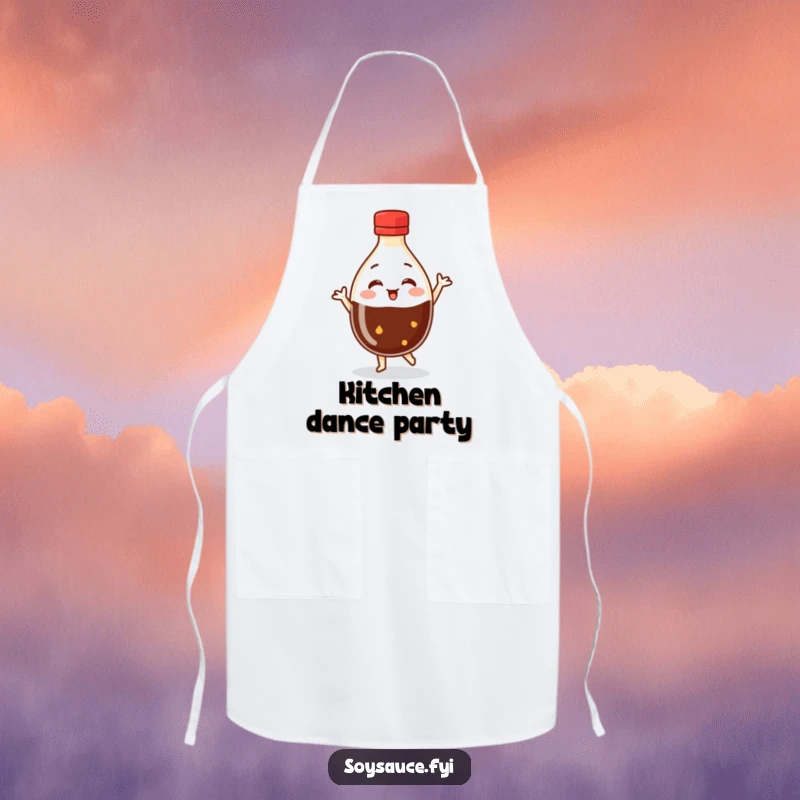 Funny Dancing Soy Sauce Apron featuring a round bottle character happily dancing, perfect for adding humor and rhythm to cooking.