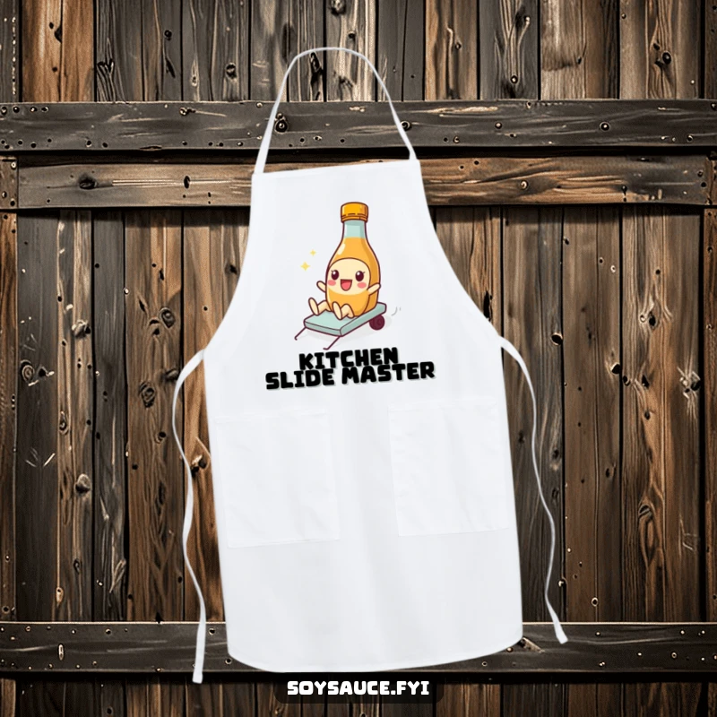 Funny Soy Sauce Apron showing a playful bottle character doing a silly slide, perfect for fun in the kitchen.