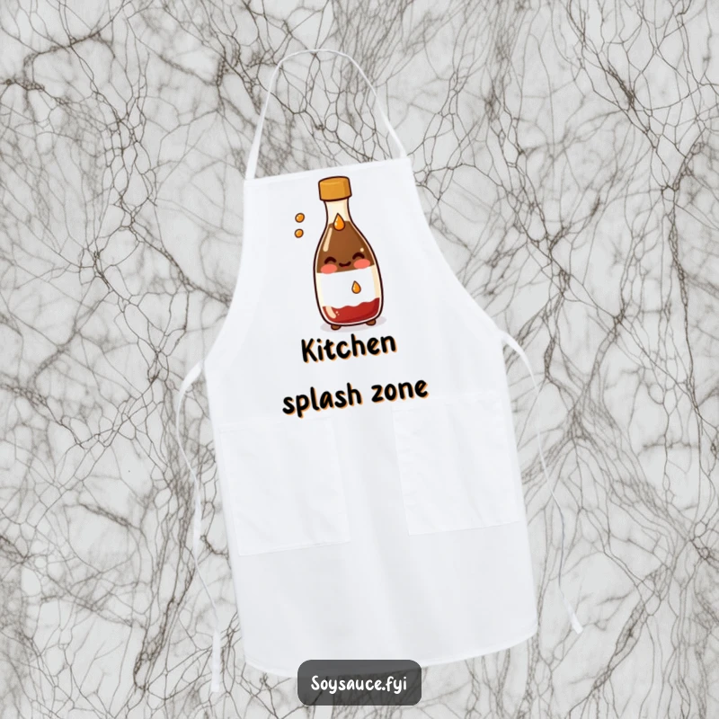 Funny Kawaii soy sauce bottle apron, smiling and splashing a tiny drop, adding a humorous touch to kitchen duties.
