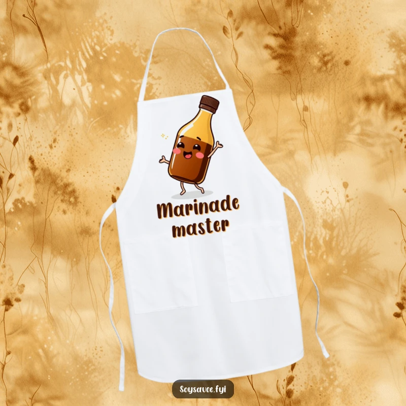 Funny soy sauce bottle apron, doing a happy shimmy while cooking, a cheerful and practical kitchen accessory.