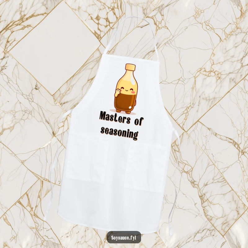 Funny cooking apron with a cheerful soy sauce bottle character giving a polite nod, ideal for kitchen use and adding humor to meals. A great funny gift.