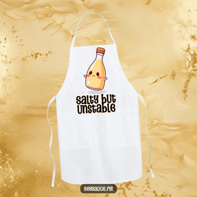 Funny kawaii soy sauce bottle apron, wobbling comically with a cute expression, perfect for kitchen use and chefs.