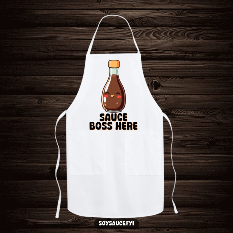 Funny apron showcasing a smiling soy sauce bottle with a grin, perfect for cooks who love to add flavor and fun to their meals.