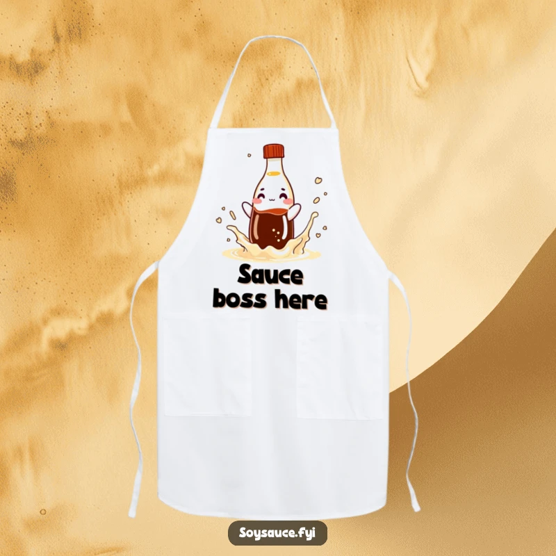 Funny soy sauce bottle apron, a playful condiment character splashing in action, ideal for kitchen fun.
