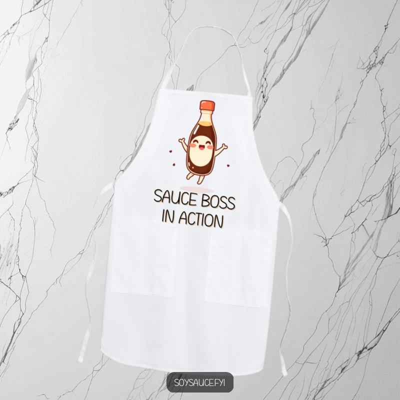 Funny giggling kawaii soy sauce bottle doing a happy pirouette on a cooking apron, a humorous and functional kitchen accessory.
