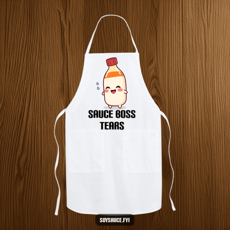 Funny soy sauce bottle apron character pouring a happy tear, perfect for adding humor and emotion to kitchen activities.