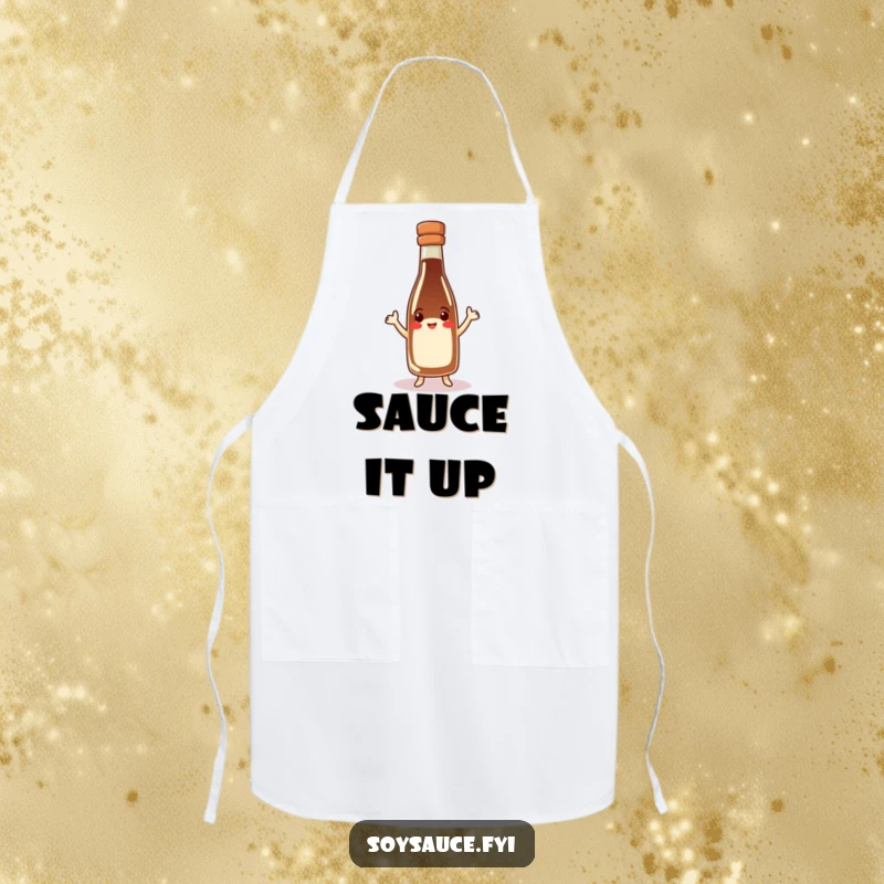 Funny soy sauce bottle apron, happy character in hat doing a jig, protects clothing, adds humor to cooking.
