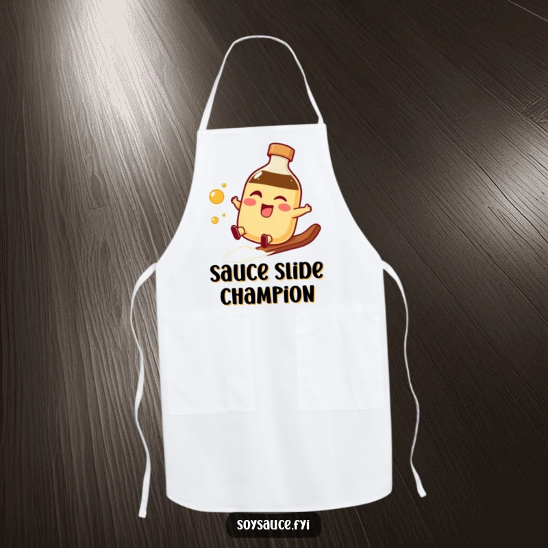 Funny winking soy sauce bottle apron doing a smooth slide, ideal for adding playful confidence and humor to cooking attire.