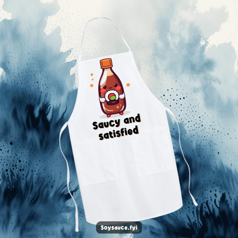 Funny kawaii soy sauce bottle playfully holding a tiny sushi roll, wearing a funny kitchen apron.