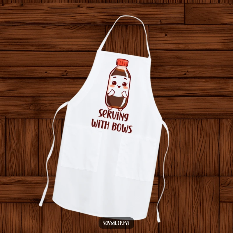 Funny Soy Sauce Apron showing a bottle character in a respectful bow, perfect for welcoming kitchen guests.
