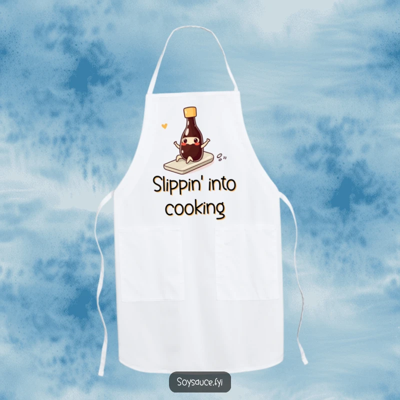 Funny kawaii soy sauce bottle doing a smooth, funny slide with a smile, adding a humorous touch to kitchen attire.