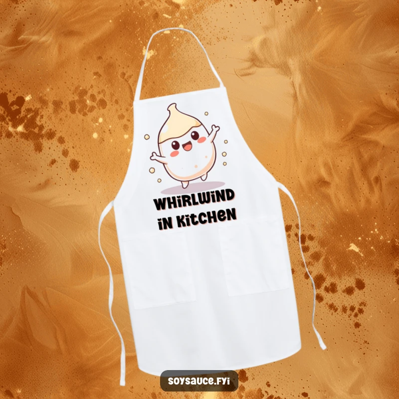 Funny Kawaii soy sauce character doing a happy spin, perfect for a humorous and functional apron.