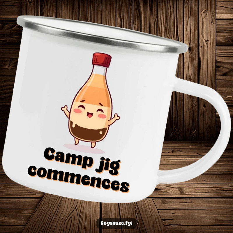 Funny Kawaii soy sauce bottle camping mug, winking and jigging with cheer, durable and perfect for outdoor fun.