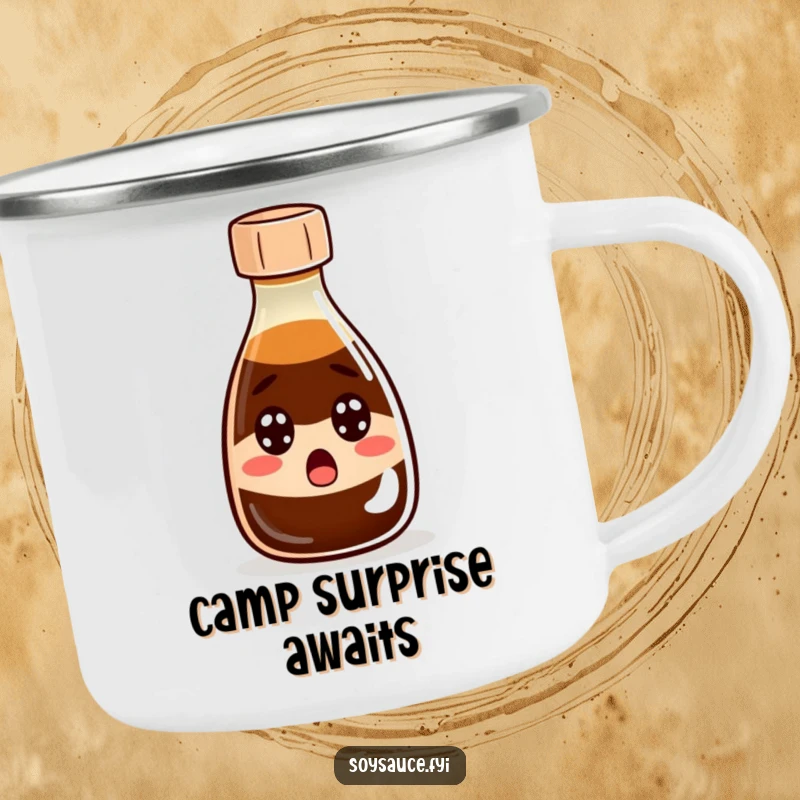 Funny Camping Mug: Enamel mug featuring a wide-eyed soy sauce bottle in a state of comical surprise, perfect for outdoor use.