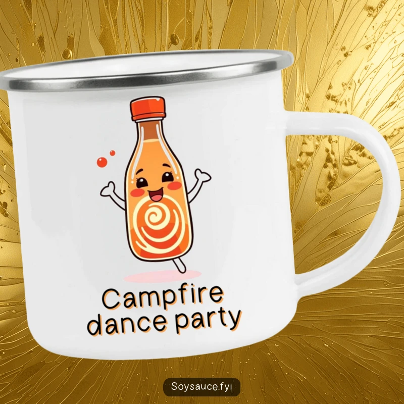 Funny Soy Sauce Camping Mug featuring a dancing bottle with a happy swirl, durable for outdoor enjoyment.