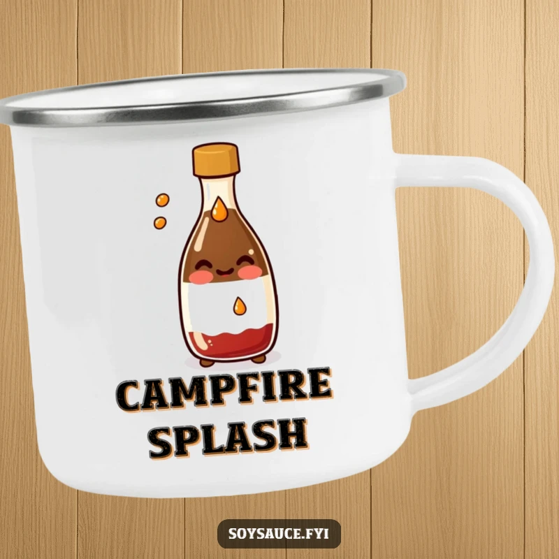 Funny Kawaii soy sauce bottle camping mug, smiling and splashing a tiny drop, durable and perfect for outdoor fun.