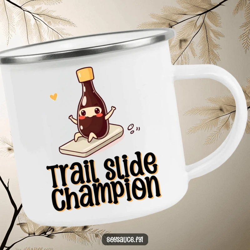 Funny kawaii soy sauce bottle doing a smooth, funny slide with a smile, ready for outdoor adventures on a durable camping mug.