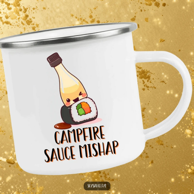 Funny kawaii soy sauce bottle tipping over playfully onto a sushi roll, ready for outdoor adventures on a durable camping mug.