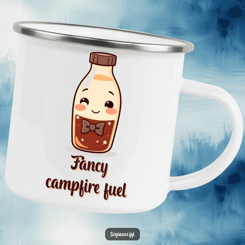 Funny Soy Sauce Camping Mug depicting a smiling bottle character with a bow tie, perfect for enjoying beverages outdoors with humor.