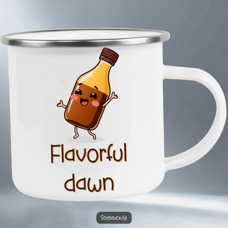 Funny soy sauce bottle camping mug, cheerfully shimmying around a campfire, durable and humorous outdoor drinkware.