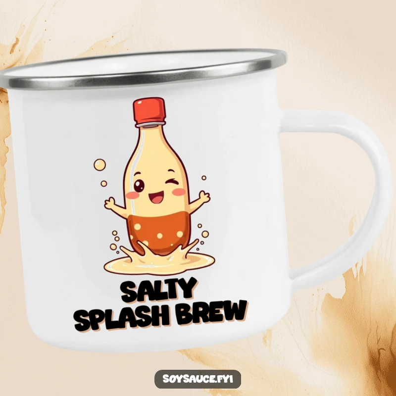 Funny camping mug featuring a grinning soy sauce bottle character playfully splashing its liquid, designed for outdoor enjoyment with a humorous touch.