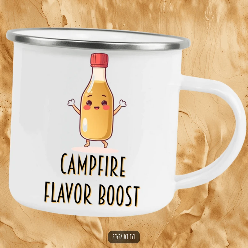 Funny cheerful soy sauce bottle camping mug dancing with its cap, a happy condiment character for outdoor fun.