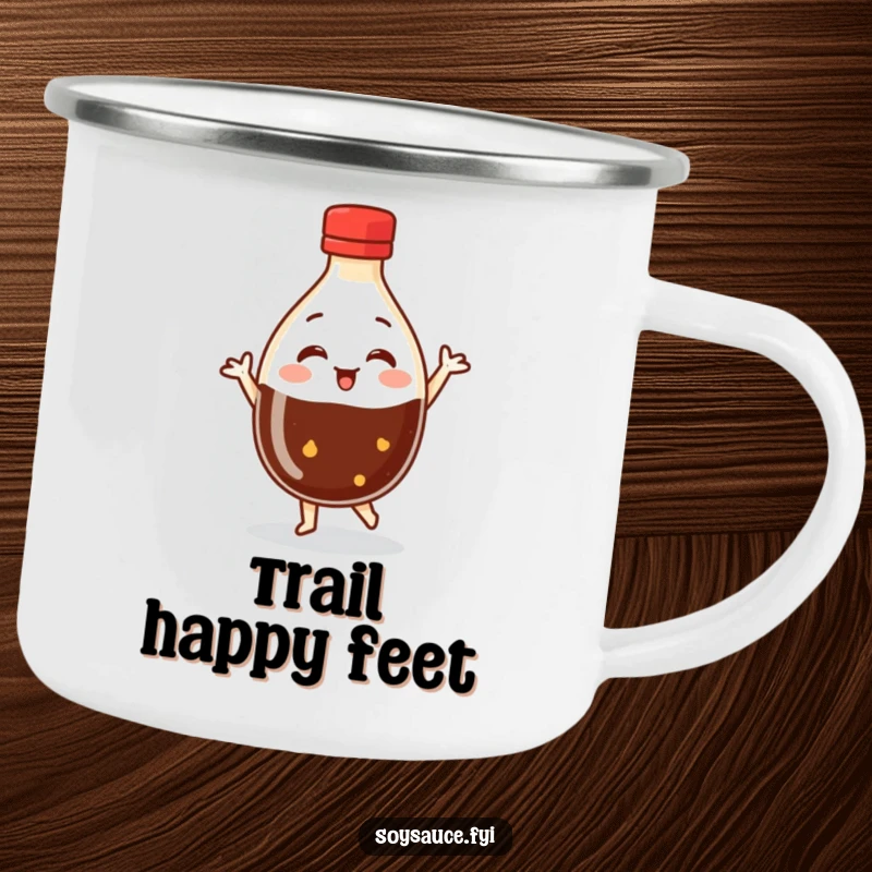 Funny Dancing Soy Sauce Camping Mug showing a round bottle character dancing, perfect for outdoor beverages and spreading humorous vibes.