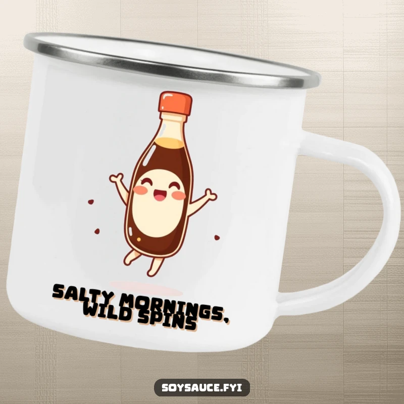 Funny giggling kawaii soy sauce bottle doing a happy pirouette on a durable camping mug, a humorous outdoor beverage holder.