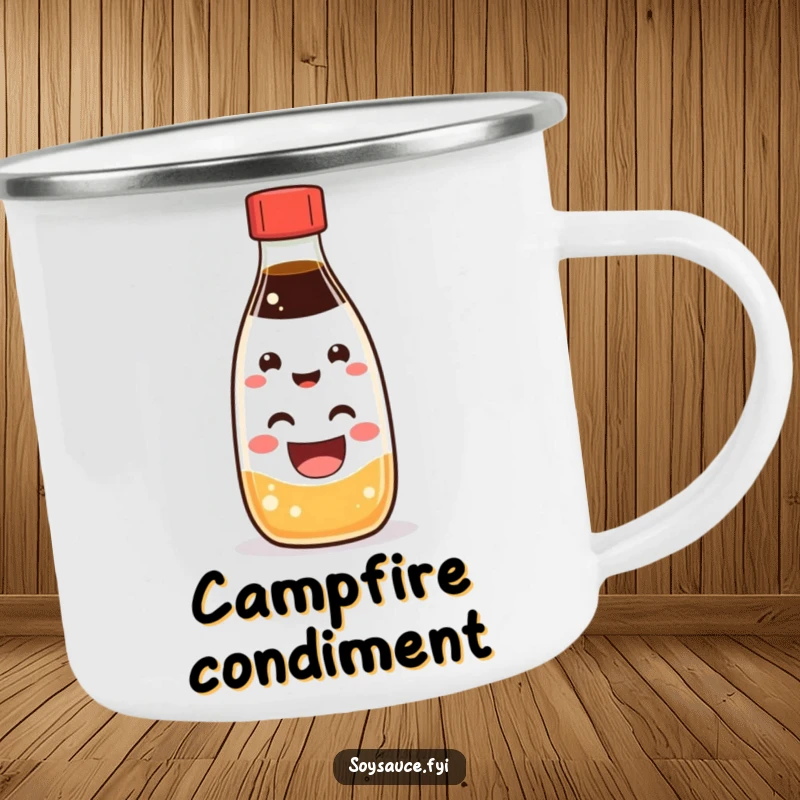 Funny Kawaii soy sauce bottle character with a big, happy grin, ready for any outdoor adventure on this mug.