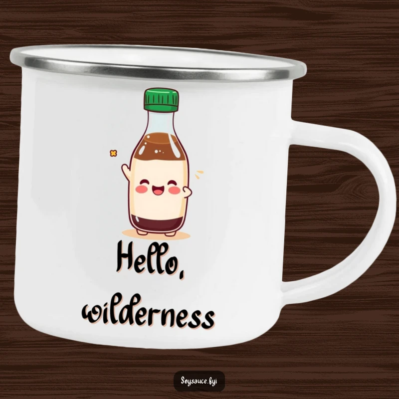 Funny Kawaii soy sauce bottle character tipping its cap playfully, featured on a sturdy and funny camping mug.