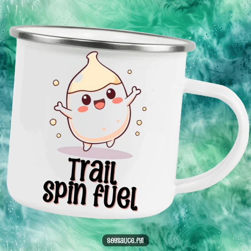 Funny Kawaii soy sauce character doing a fun spin outdoors, featured on a sturdy and funny camping mug.