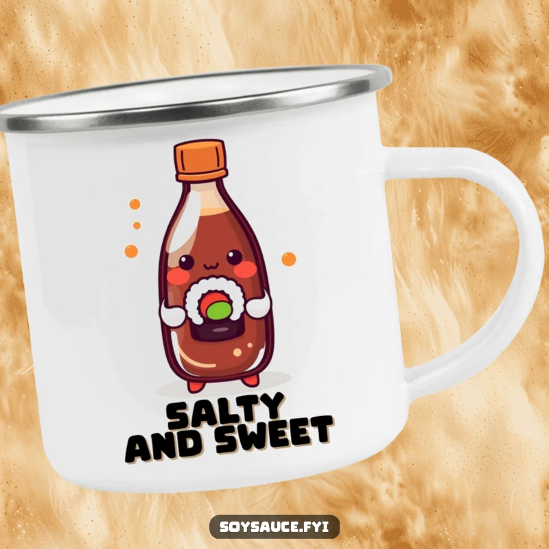Funny kawaii soy sauce bottle playfully holding a tiny sushi roll, on a durable camping mug.