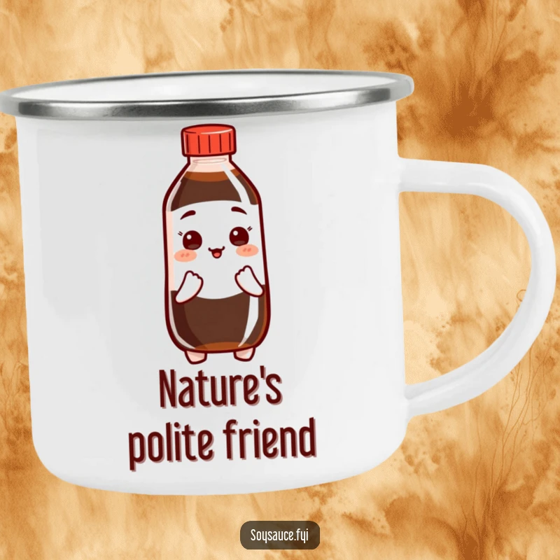 Funny Soy Sauce Camping Mug featuring a polite bottle character in a bow, durable for outdoor refreshment.