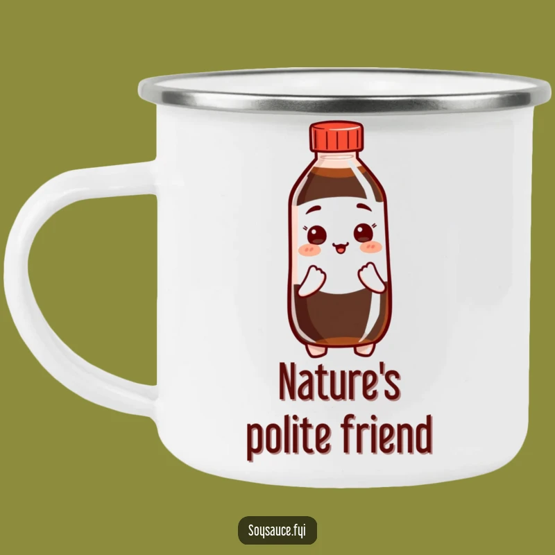 Funny Polite Soy Sauce Camping Mug: Bowing Bottle, Hilarious Humorous Outdoor Gift