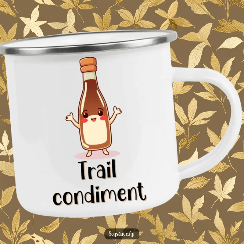 Funny soy sauce bottle camping mug, happy character in hat doing a jig, durable enamel, great for outdoor foodies.