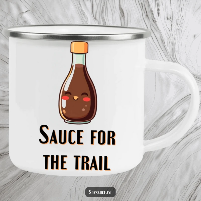 Funny camping mug showing a happy soy sauce bottle character grinning, perfect for outdoor enthusiasts who enjoy a taste of fun.