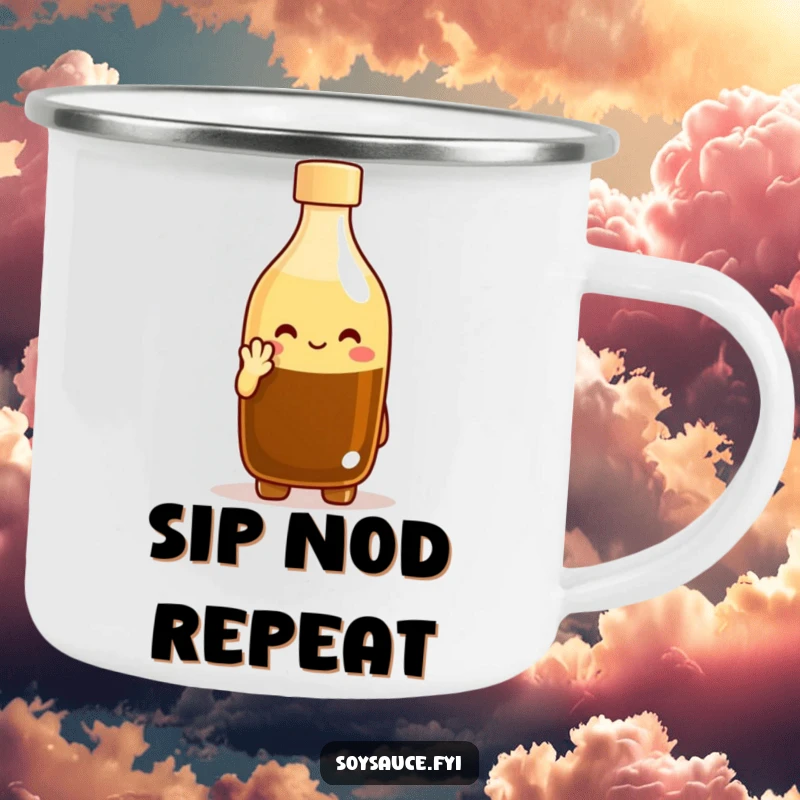 Funny enamel camping mug featuring a cheerful soy sauce bottle character giving a polite nod, ideal for outdoor drinks with a humorous twist. A great funny gift.