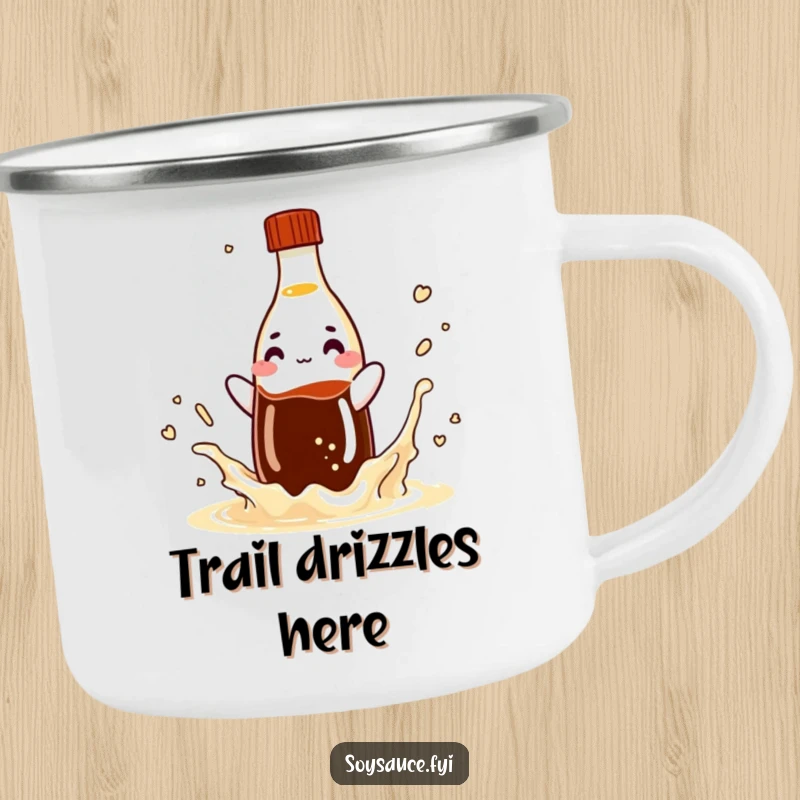 Funny soy sauce bottle camping mug, a playful condiment character splashing, built tough for outdoor fun.