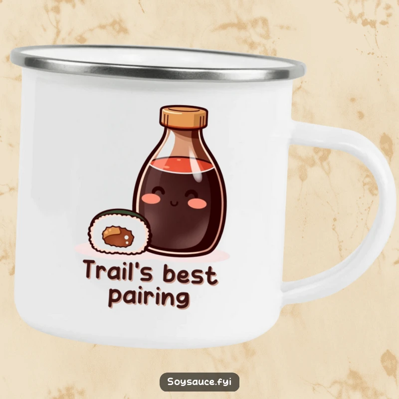 Funny Camping Mug: Enamel mug featuring a smiling soy sauce bottle and sushi roll, perfect for enjoying beverages outdoors.