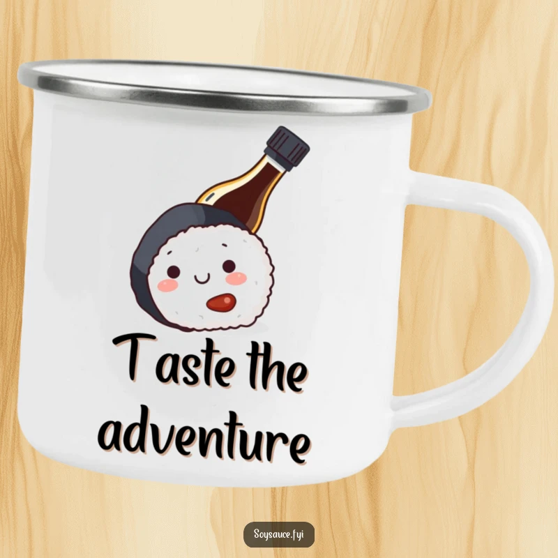 Funny and durable camping mug with a soy sauce bottle hiding behind sushi, perfect for outdoor enthusiasts who love humor.