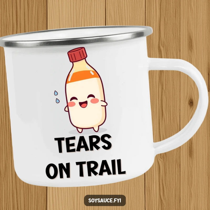 Funny soy sauce bottle camping mug shedding a happy tear, designed for outdoor use and bringing comical emotion to adventures.