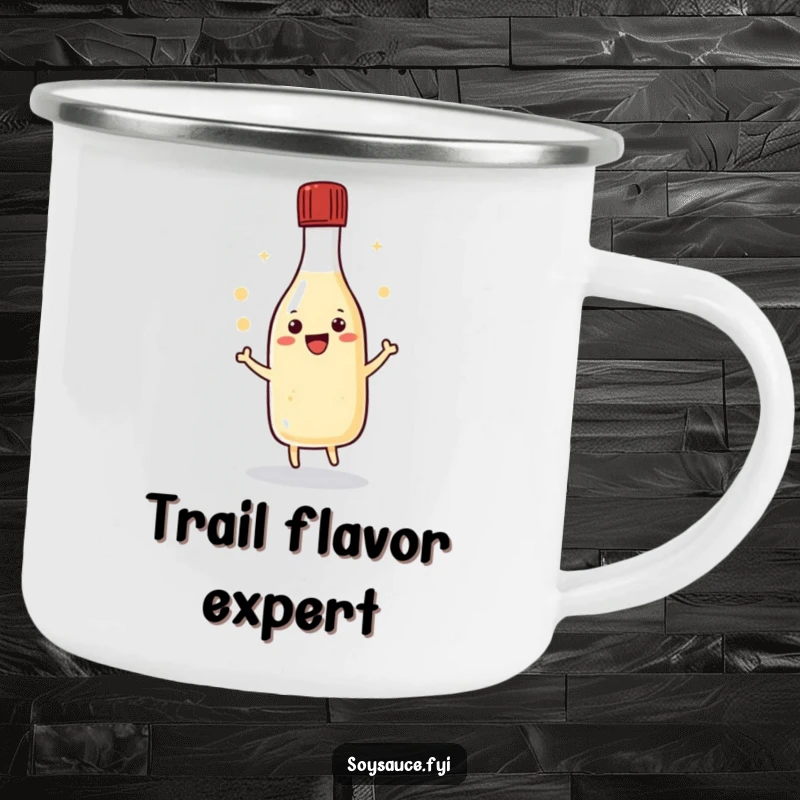 Funny kawaii soy sauce bottle doing a happy dance with its cap, ready for outdoor adventures on a durable camping mug.